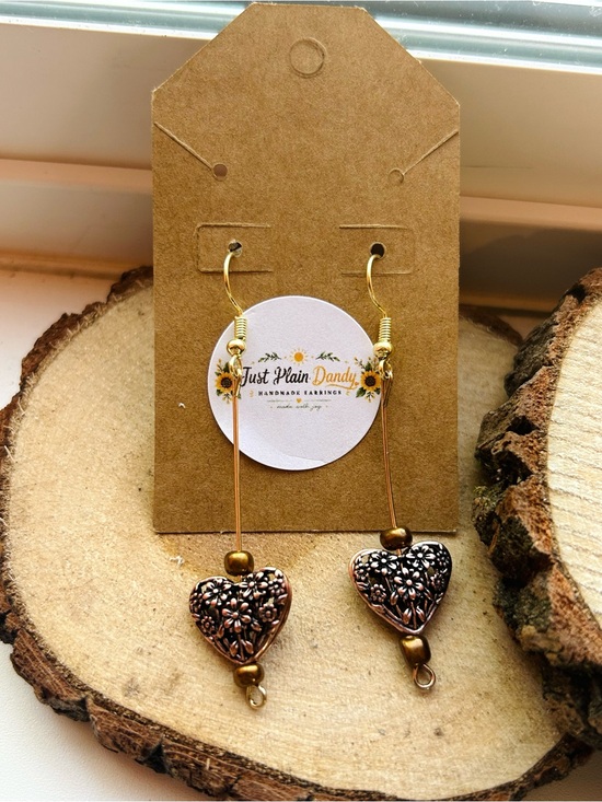 Handmade Jewelry - Bronze Floral Heart Dangle Earrings Cottagecore Boho Vintage